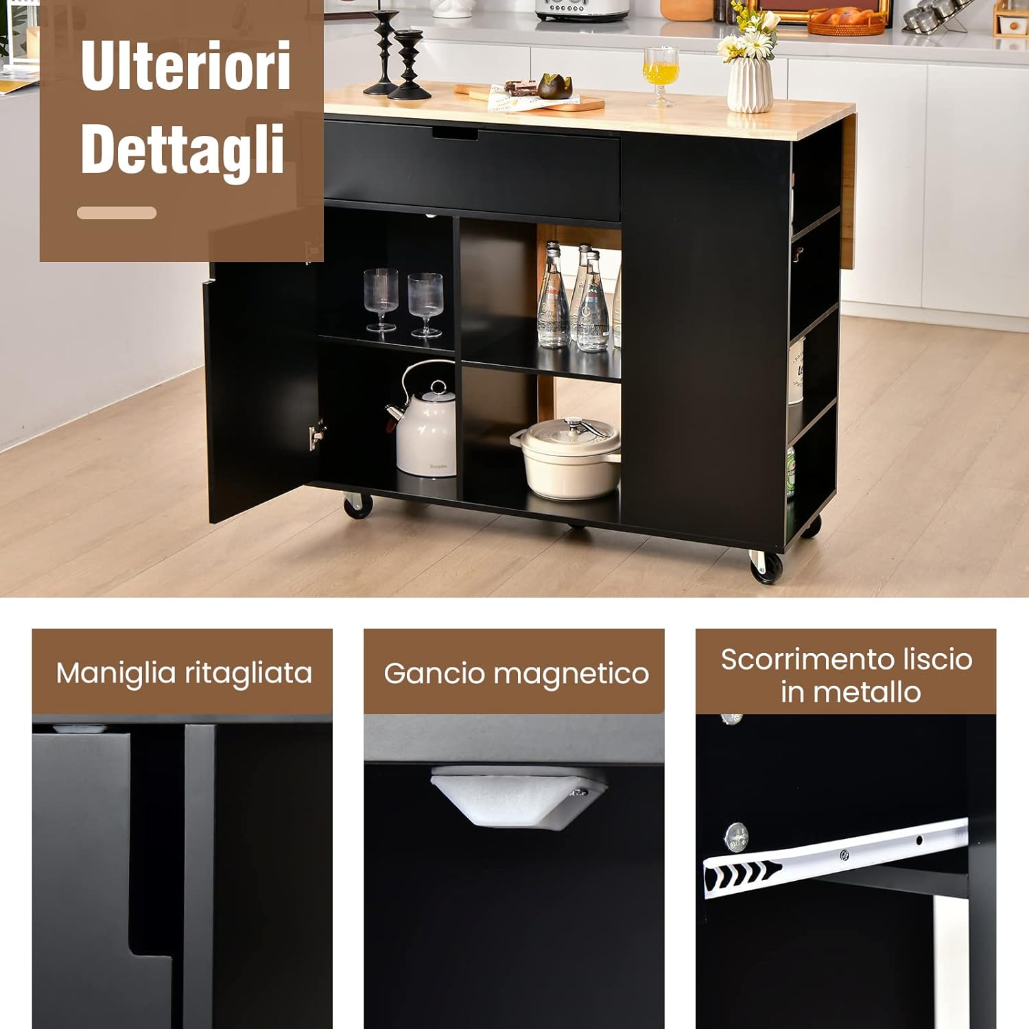 Carrello da Cucina con Cassetto, Carrello Servizio con Ripiano Aperto e Pieghevole, Carrello Multiuso con Ruote e Portasciugamani, 124x76x92 cm (Nero)