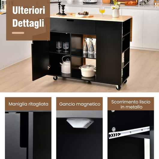 Carrello da Cucina con Cassetto, Carrello Servizio con Ripiano Aperto e Pieghevole, Carrello Multiuso con Ruote e Portasciugamani, 124x76x92 cm (Nero)