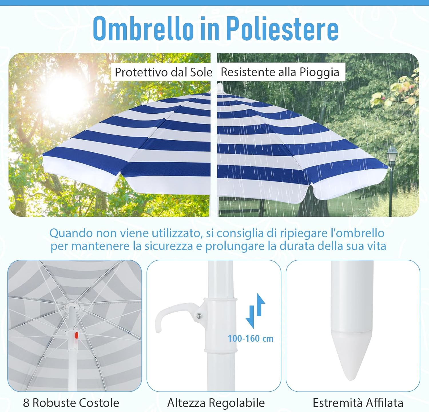 Tavolo da Picnic per Bambini con 8 Posti 125 × 125 × 100-160 cm, Tavolino Bambini in HDPE con Ombrellone Regolabile e Pieghevole, Struttura in Metallo e 4 Panchine (tavolo bianco)