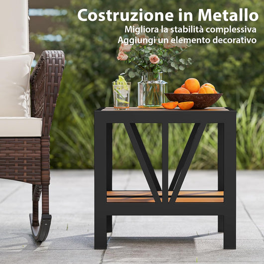 Tavolino da Esterno Rettangolare con Foro per Ombrellone, Tavolino da Patio a 2 Livelli in Metallo con Ripiano, Tavolino da Caffè per Varanda, Balcone, Giardino e Cortile, 52 x 46 x 45 cm