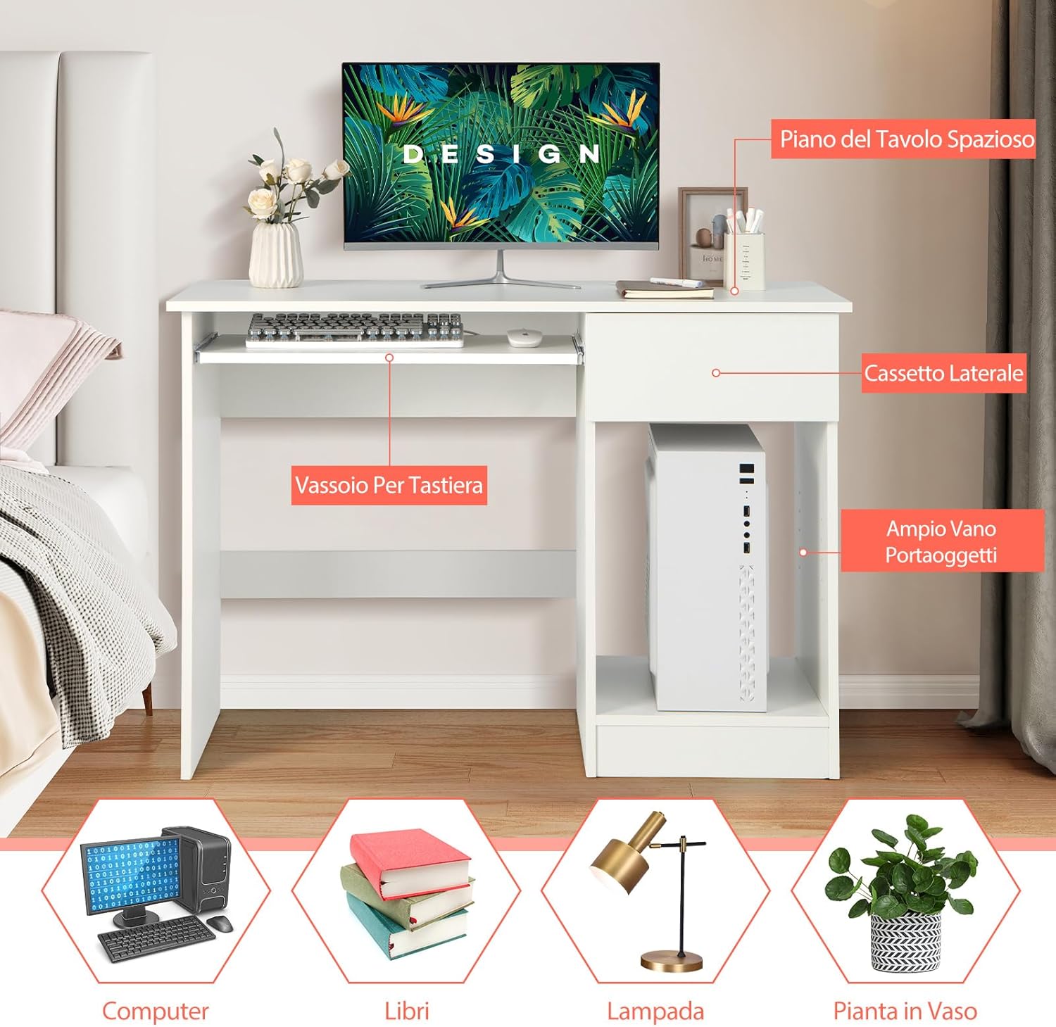 Scrivania con Cassetto, Scrivania per Computer in Legno con Vassoio per Tastiera Estraibile, Supporto per CPU e Ripiani Regolabili, Scrivania Moderna per Studio e Ufficio, Bianco