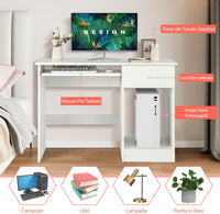 Scrivania con Cassetto, Scrivania per Computer in Legno con Vassoio per Tastiera Estraibile, Supporto per CPU e Ripiani Regolabili, Scrivania Moderna per Studio e Ufficio, Bianco
