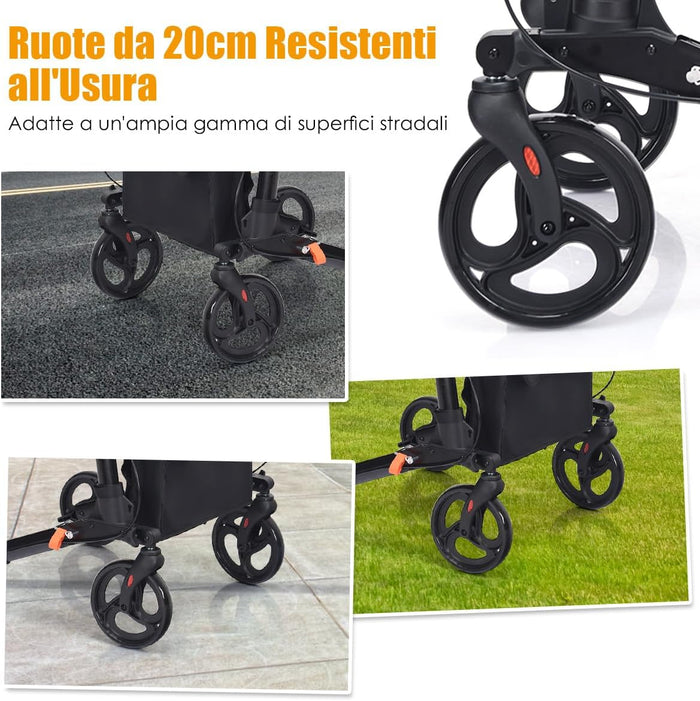 Deambulatore Pieghevole, Deambulatore per Anziani e Disabili a 4 Ruote, Rollator Medico in Alluminio Leggero con Sedile e Borsa, Portata Massima 136 kg