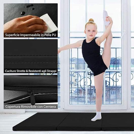 Tappetino da Ginnastica con Maniglia, Gancio, Chiusura a Cerniera e Copertura in Pelle PU Staccabile, Tappetino da Esercizio Pieghevole per Yoga, Stretching e Aerobica(Nero)