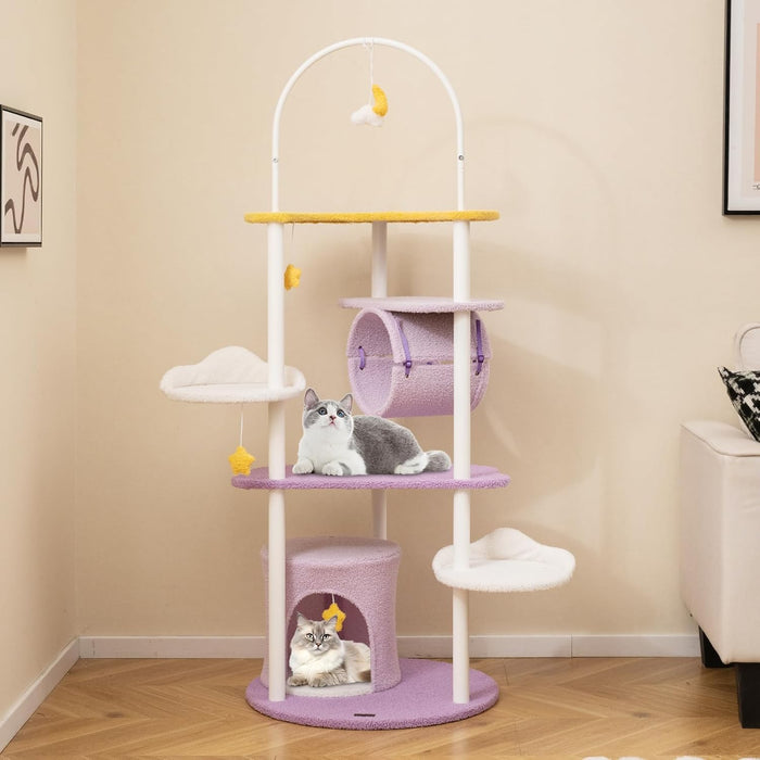 Tiragraffi per Gatti 158cm, Albero per Gatti con Multi Livelli, Struttura in Metallo, Trespolo Superiore e Piattaforme per Salti, Torre per Animali Interno, Viola, Bianco e Giallo