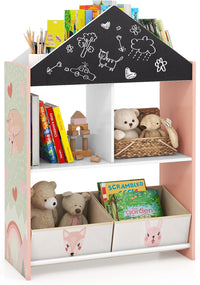 Libreria per Bambini, Organizzatore in Legno a Forma di Casa Bambole, con 2 in 1 Lavagne 4 Scomparti 2 Ripiani e 2 Cassetti, per Stanza Giochi Camera da Letto, 63x27x90 cm (Rossa)