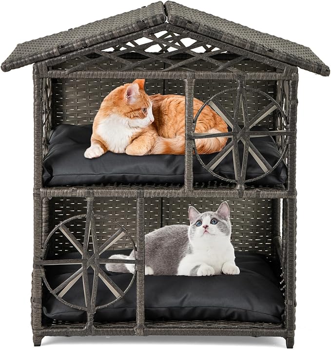 Casa per Gatti in Vimini a 2 Piani, Recinto per Gattini in Rattan con Cuscini Rimovibili, Tetto, Finestre e Porte, Rifugio Elevato da Interno ed Esterno per Conigli e Gattini