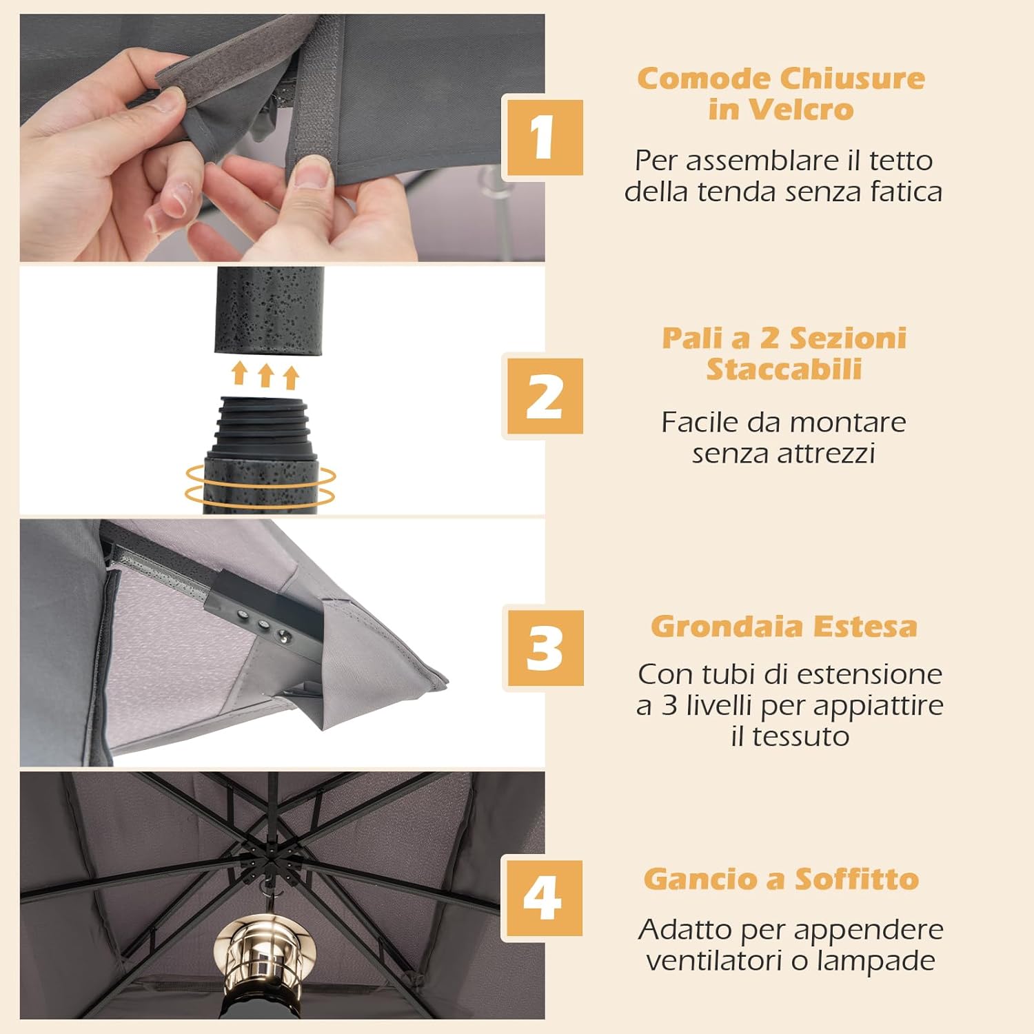 Gazebo da Giardino 3 x 3 m, Gazebo Impermeabile con Rete Mesh Staccabile e Terro Ventilato a Doppio Strato, Tenda Regolabile in Altezza per Feste, BBQ e Picnic (Grigio)