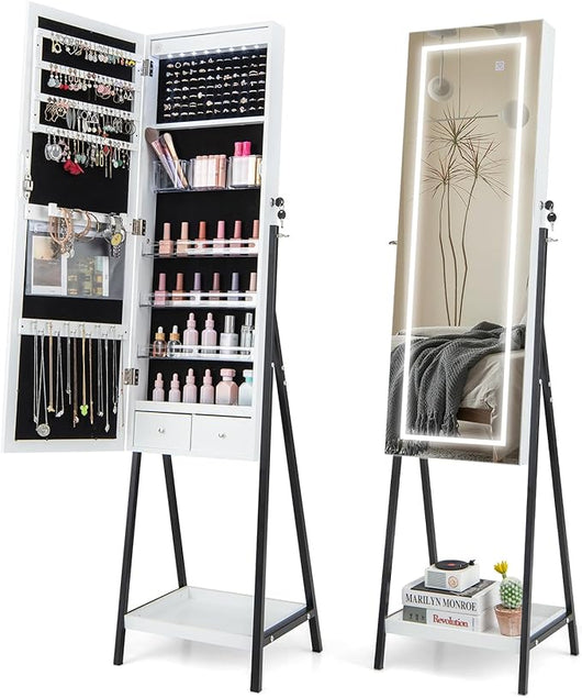 Armadietto Portagioie da Terra, Specchio Portagioie a 3 Colori LED, Specchio per Trucco con Altezza e Angolo Regolabile, Organizer per Gioielli con Ripiani e 2 Cassetti Interni (Bianco)