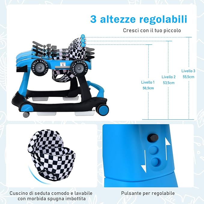 Girello per Bambini 4 in 1, Girello Pieghevole con Altezza e Velocità Regolabili, Carillon con Luci, Volante e Sedile, Primi Passi per Bambini 6-18 Mesi, Portata 15 kg (Blu)