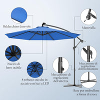 Ombrellone da Giardino con Luci LED, Diametro 3M, Ombrellone da Esterno con Inclinazione Regolabile e 8 Costole, Protezione UV, Ideale per Piscina, Balcone, Giardino, Bar (Blu)