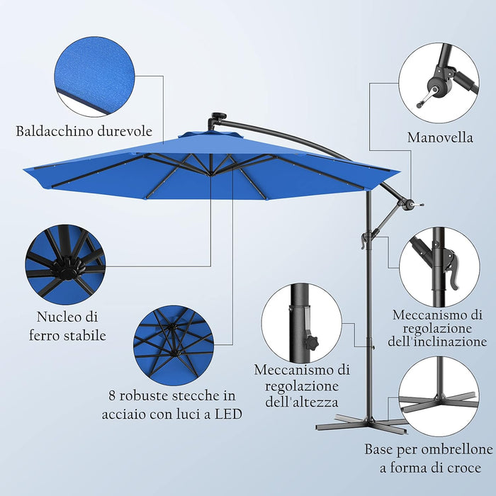 Ombrellone da Giardino con Luci LED, Diametro 3M, Ombrellone da Esterno con Inclinazione Regolabile e 8 Costole, Protezione UV, Ideale per Piscina, Balcone, Giardino, Bar (Blu)