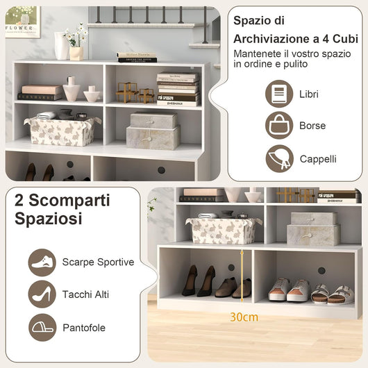 2 in 1 Scarpiera da Ingresso, Combinazione di Armadio e Panchina, Organizzatore Moderno con 6 Cubi e 2 Kit Antiribaltamento per Soggiorno Corridoio Ingresso, 120 x 50 x 90 cm
