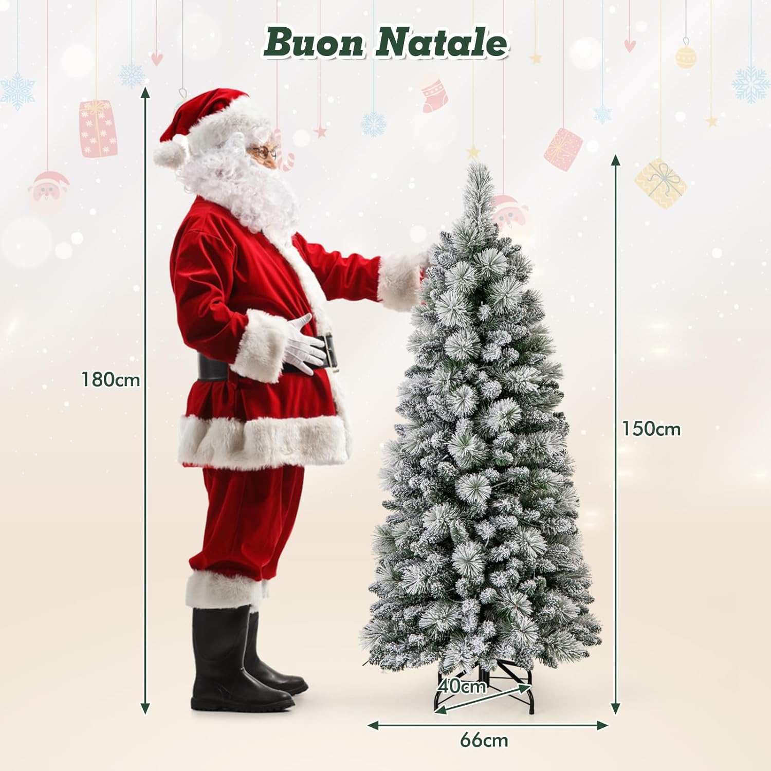 Albero di Natale Innevato 150 cm/180 cm, Albero di Natale Pop-Up con 130/170 Luci LED Bianco Caldo, Aghi di Pino, 378/517 Punte di Rami e Sezione Pieghevole & Supporto in Metallo (150 CM)