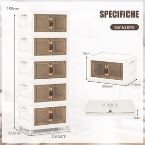 Scatola Portaoggetti, Contenitori in Plastica con Coperchio e 4 Ruote, Contenitore Pieghevole Impilabile per Soggiorno, Cucina e Camera da Letto (XL-Set di 5)