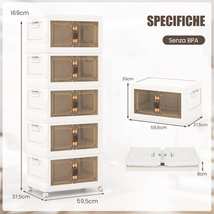 Scatola Portaoggetti, Contenitori in Plastica con Coperchio e 4 Ruote, Contenitore Pieghevole Impilabile per Soggiorno, Cucina e Camera da Letto (XL-Set di 5)