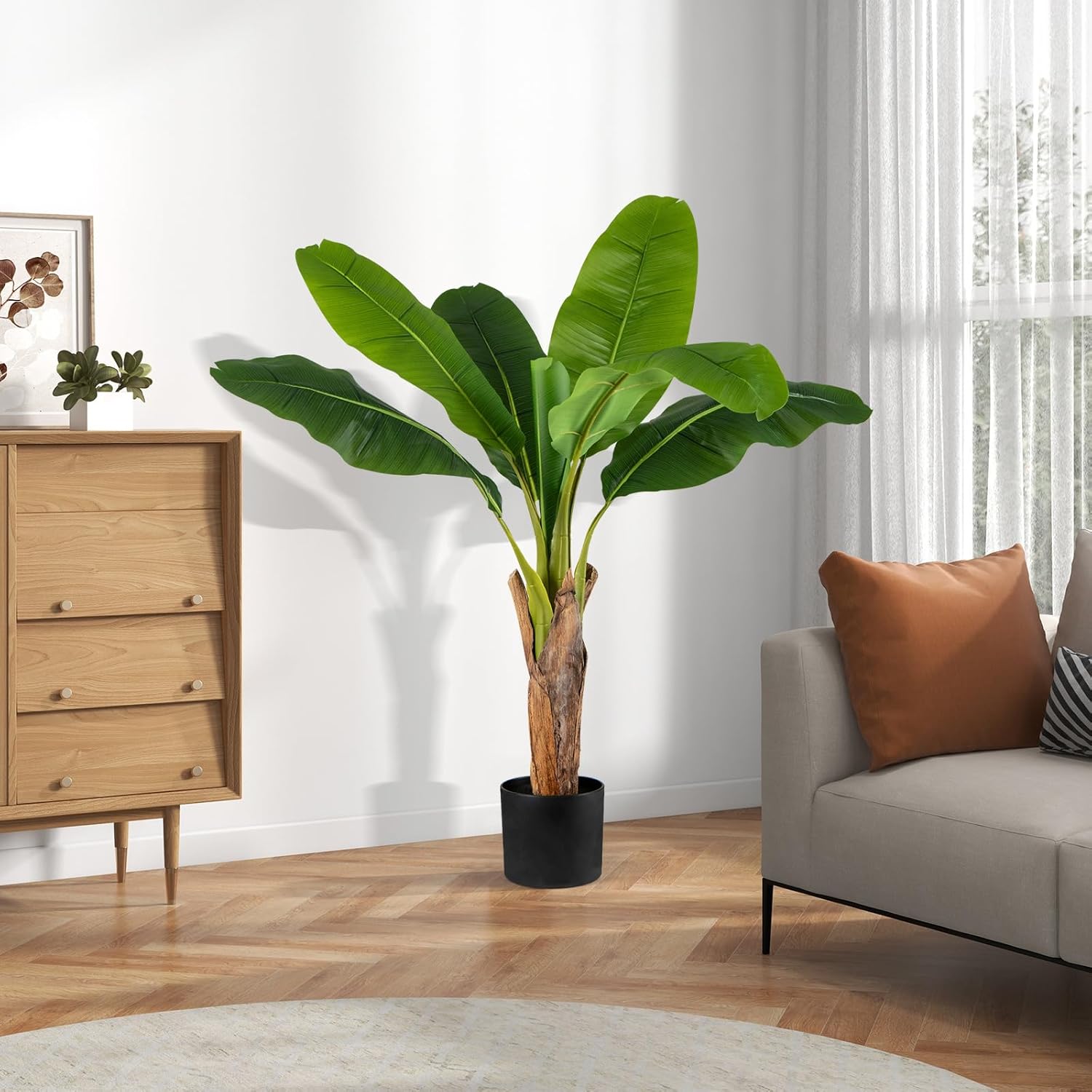 Set da 2 Alberi di Banane Artificiali, Pianta Finta con Foglie di Banana e Rami Regolabili con Vaso, Pianta in Vaso Decorativa da Interno per Soggiorno o Ufficio
