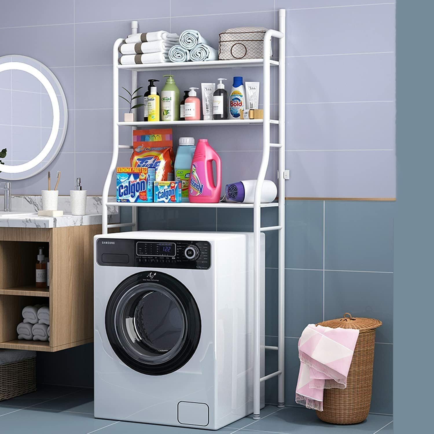 Mobile Salvaspazio per Lavatrice con 3 Ripiani Anti-Ribaltamento, Scaffale Organizer per Bagno e Lavanderia