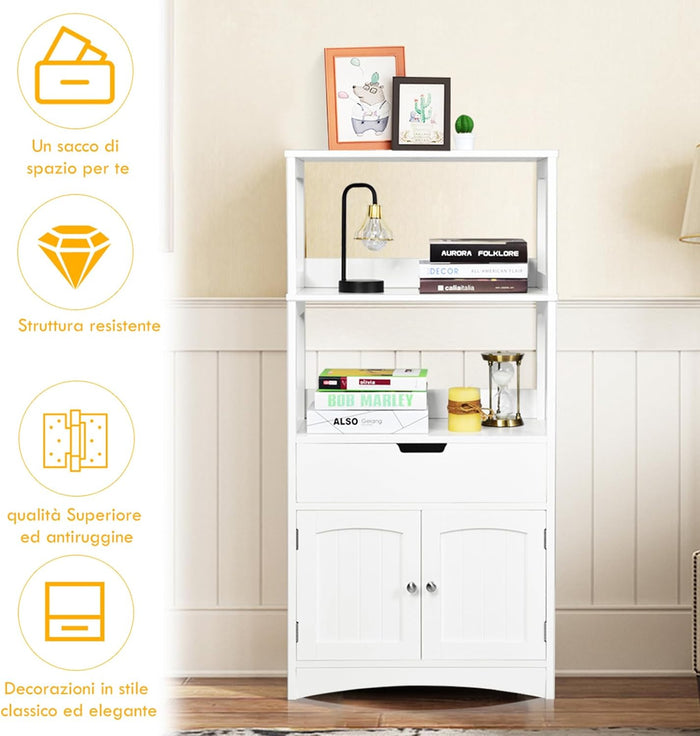 Armadietto del bagno con cassetto e mensola, armadio con 2 mensole aperte e 2 ante, armadietto per cucina, ingresso, salone e camera da letto, armadietto in legno (Bianco)