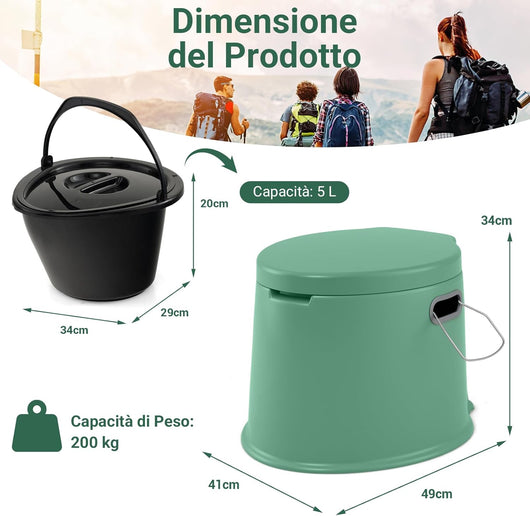 Toilette Portatile WC Chimico, WC da Viaggio Leggero con Secchio Interno Rimovibile,Water Portatile per Adulti e Anziani con Portarotolo, Supporto Carico 200 kg, 41 x 49 x 34 cm
