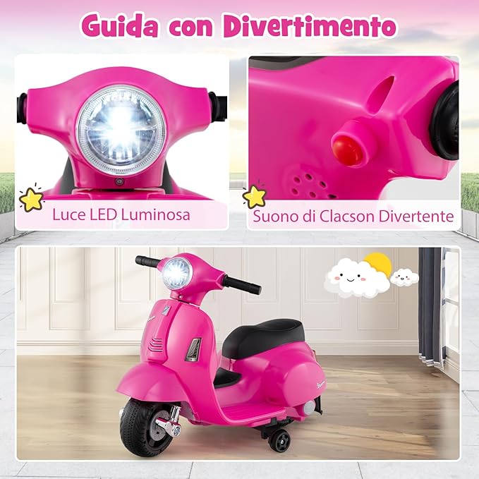 Moto Elettrica per Bambini, 6V Mini Moto per Bambini 18-36 Mesi, con Licenza Ufficiale Vespa, con Luci a LED e Suoni di Clacson, Portata 25 kg, 2 Ruote di Allenamento, 2,5 km/h (Rosa)