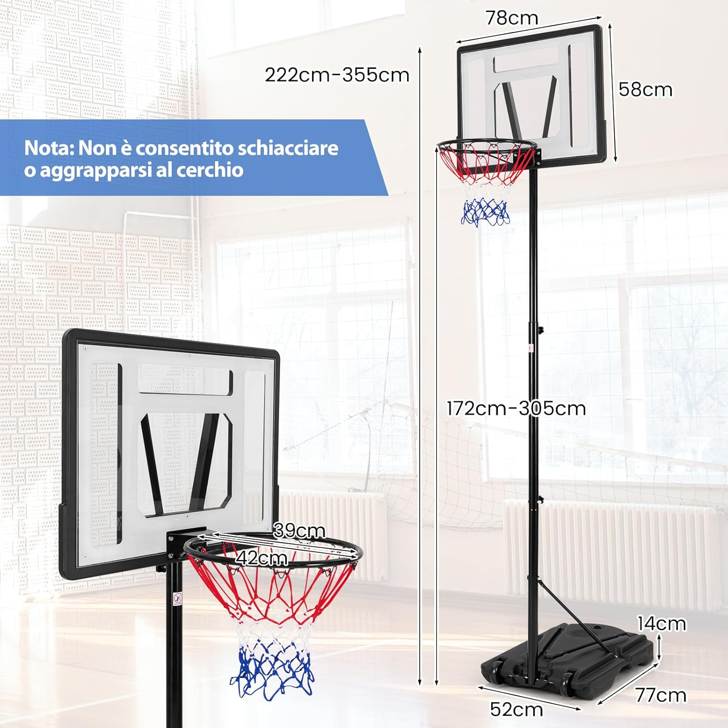 Canestro da Basket Portatile, Supporto Regolabile in Altezza a 8 Posizioni con Tubo Centrale Rimovibile, Base Ampia, Canestro da Basket da Interno e da Esterno