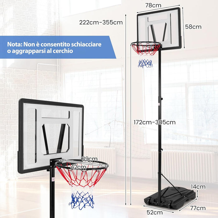 Canestro da Basket Portatile, Supporto Regolabile in Altezza a 8 Posizioni con Tubo Centrale Rimovibile, Base Ampia, Canestro da Basket da Interno e da Esterno