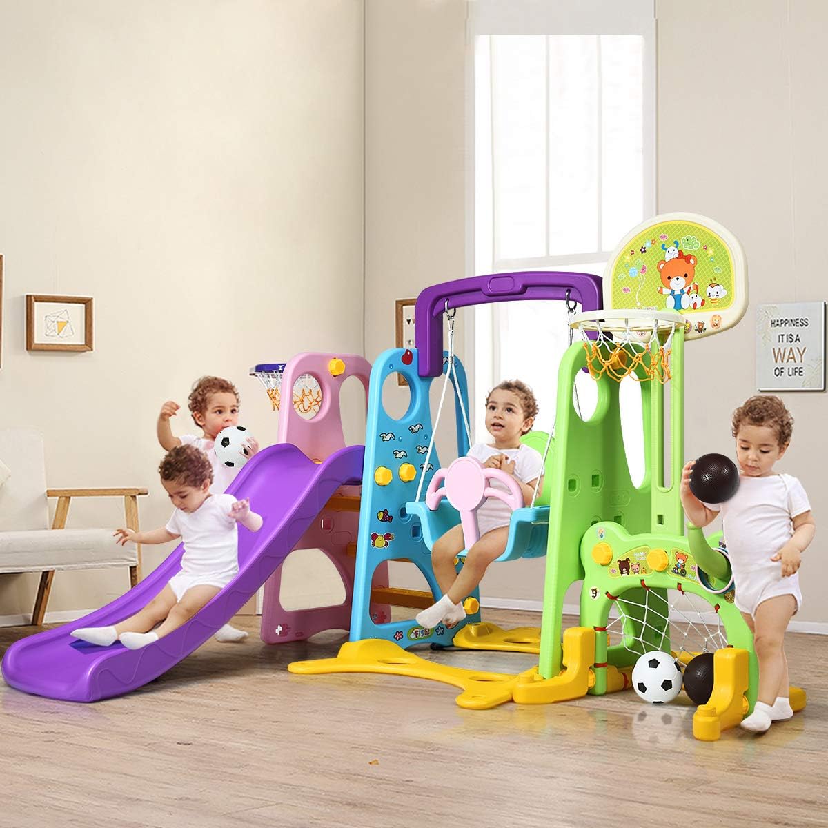 Parco Giochi 6 in 1 Multi Giochi da Giardino, con Altalena e Scivolo, Pallacanestro e Porta da Calcio, per Bambini