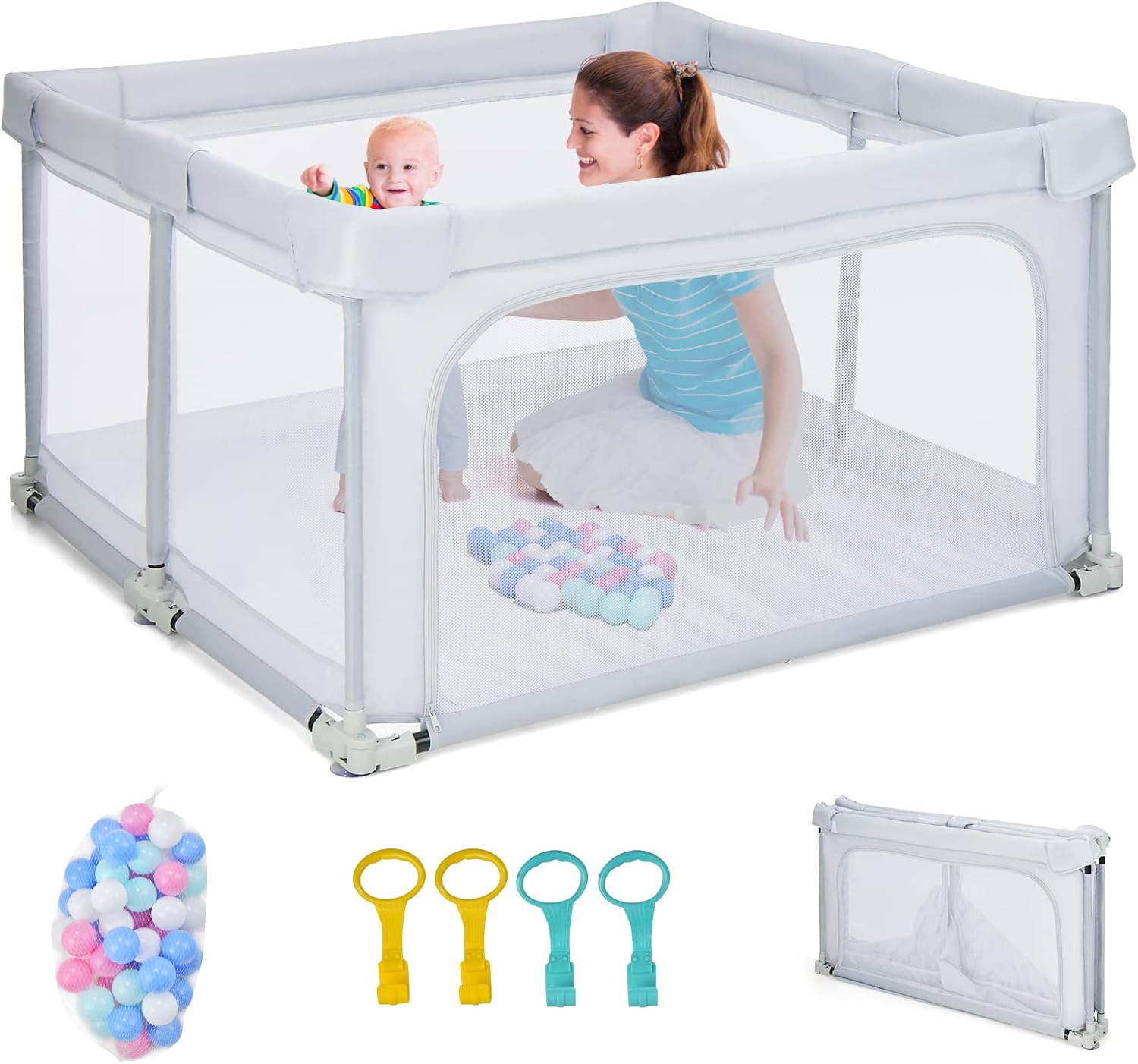 Recinto per Bambini, Box per Bambini con Rete Traspirante, Centro Attività per Bambini con 50 Palline, Box Giochi per Bambini 0-3 Anni (Grigio, ‎124 x 124 cm)