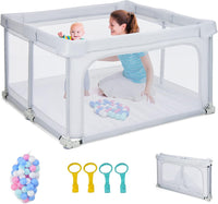 Recinto per Bambini, Box per Bambini con Rete Traspirante, Centro Attività per Bambini con 50 Palline, Box Giochi per Bambini 0-3 Anni (Grigio, ‎124 x 124 cm)