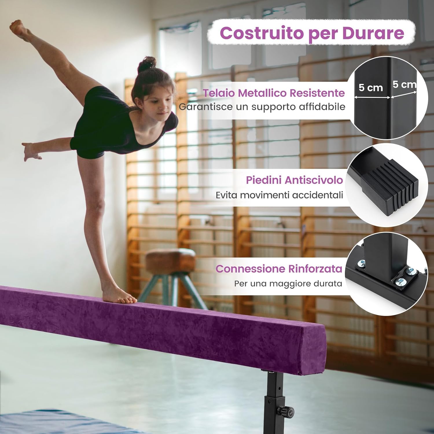 Trave Ginnastica Artistica per Casa Regolabile 226 cm, Trave di Equilibrio con Ruote e 3 Altezze Regolabili e Gambe Robuste per Principianti e Professionisti