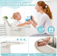 Seggiolone Pappa per Bambini 6 in 1, Seggiolone per Neonati Convertibile, Tavolo per Costruzioni per Bambini, con Imbracatura a 5 Punti, per Bambini da 6 Mesi fino 3 Anni (Bianco+Naturale)