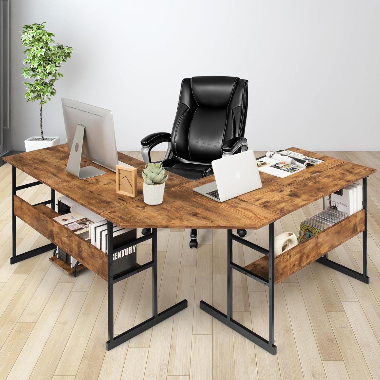 Scrivania Angolare 170 CM, Scrivania per Computer ad Angolo Moderna con Piano Inclinabile, Scaffale Inferiore e Supporto per CPU, Scrivania a Forma di L per Ufficio e Studio (Marrone)