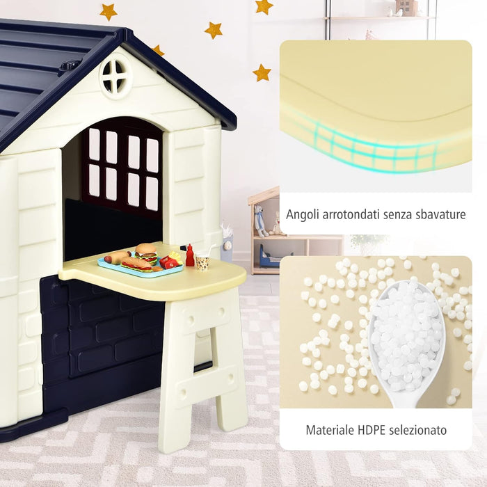Casetta per Bambini con Porte e Finestre, Casetta Giocattolo con Tavolo, Set Giocattolo con 7 Pezzi, Ideale per Bambini 3-8 Anni, 164x124x132 cm (Blu)