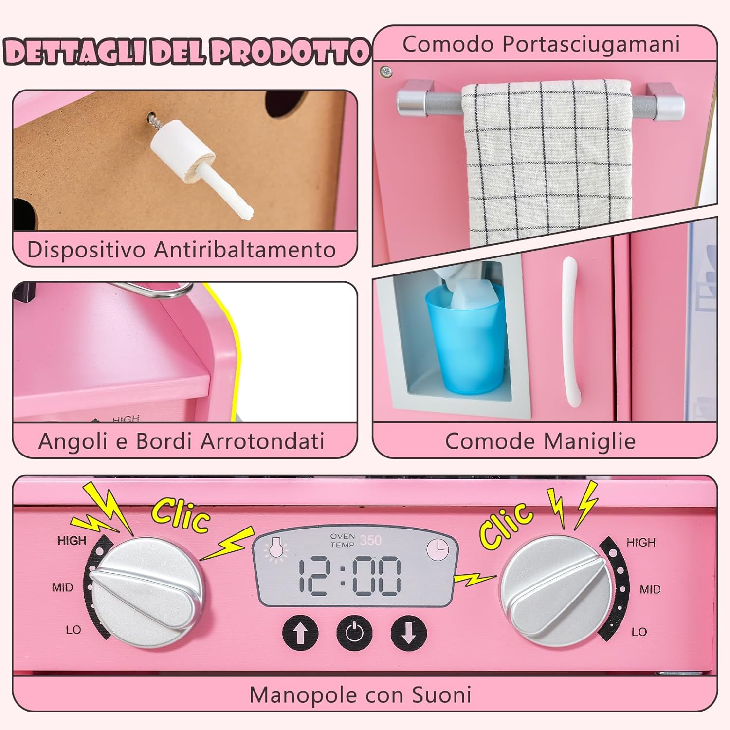 Set da Cucina per Bambini con Lavagna, Telefono, Microonde, Fabbricatore di Ghiaccio, Giocattolo da Cucina in Legno con Accessori e Suoni Simulati per Ragazzi di 3-6 Anni (Rosa)