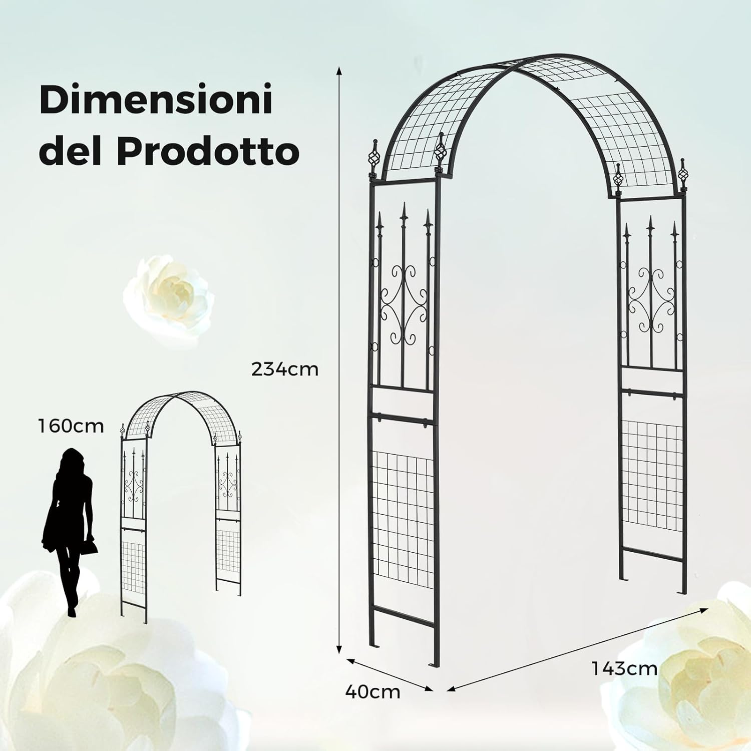 Arco da Giardino per Rampicanti, Arco da Giardino Supporto per Rose in Metallo Zincato Resistente, Arco Decorativo a Cupola per Feste e Ceremonie, 143 x 40 x 234 cm, Nero