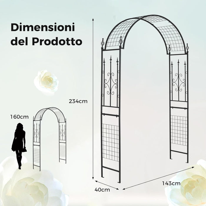 Arco da Giardino per Rampicanti, Arco da Giardino Supporto per Rose in Metallo Zincato Resistente, Arco Decorativo a Cupola per Feste e Ceremonie, 143 x 40 x 234 cm, Nero