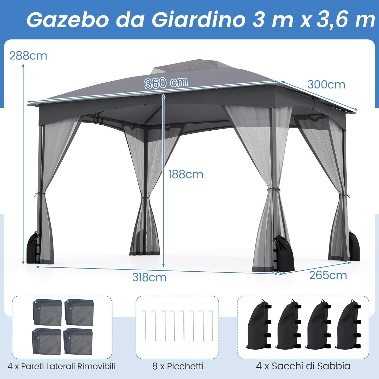 Gazebo da Giardino 3 x 3,6 m, Gazebo con Zanzariera a Doppia Copertura con Sacchetti di Sabbia e Picchetti a Terra, Tenda Impermeabile con Struttura in Metallo per Prato (Grigio)