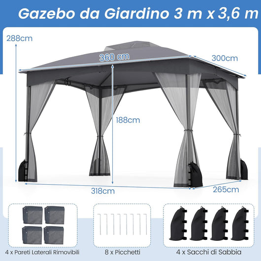 Gazebo da Giardino 3 x 3,6 m, Gazebo con Zanzariera a Doppia Copertura con Sacchetti di Sabbia e Picchetti a Terra, Tenda Impermeabile con Struttura in Metallo per Prato (Grigio)