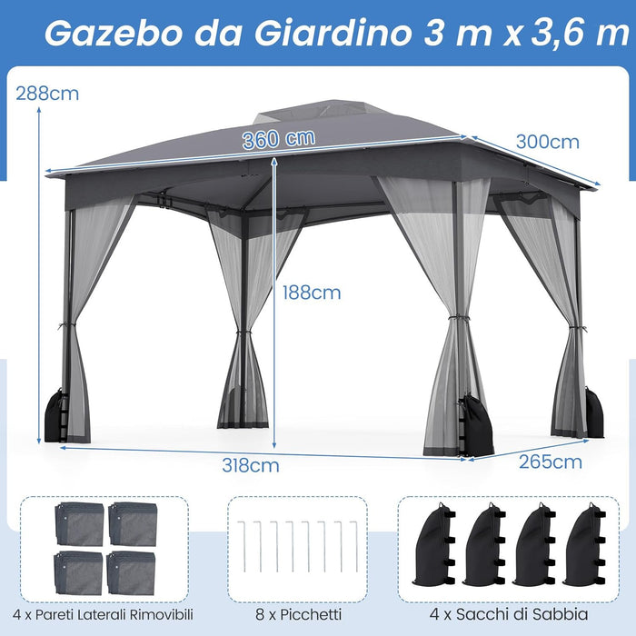 Gazebo da Giardino 3 x 3,6 m, Gazebo con Zanzariera a Doppia Copertura con Sacchetti di Sabbia e Picchetti a Terra, Tenda Impermeabile con Struttura in Metallo per Prato (Grigio)