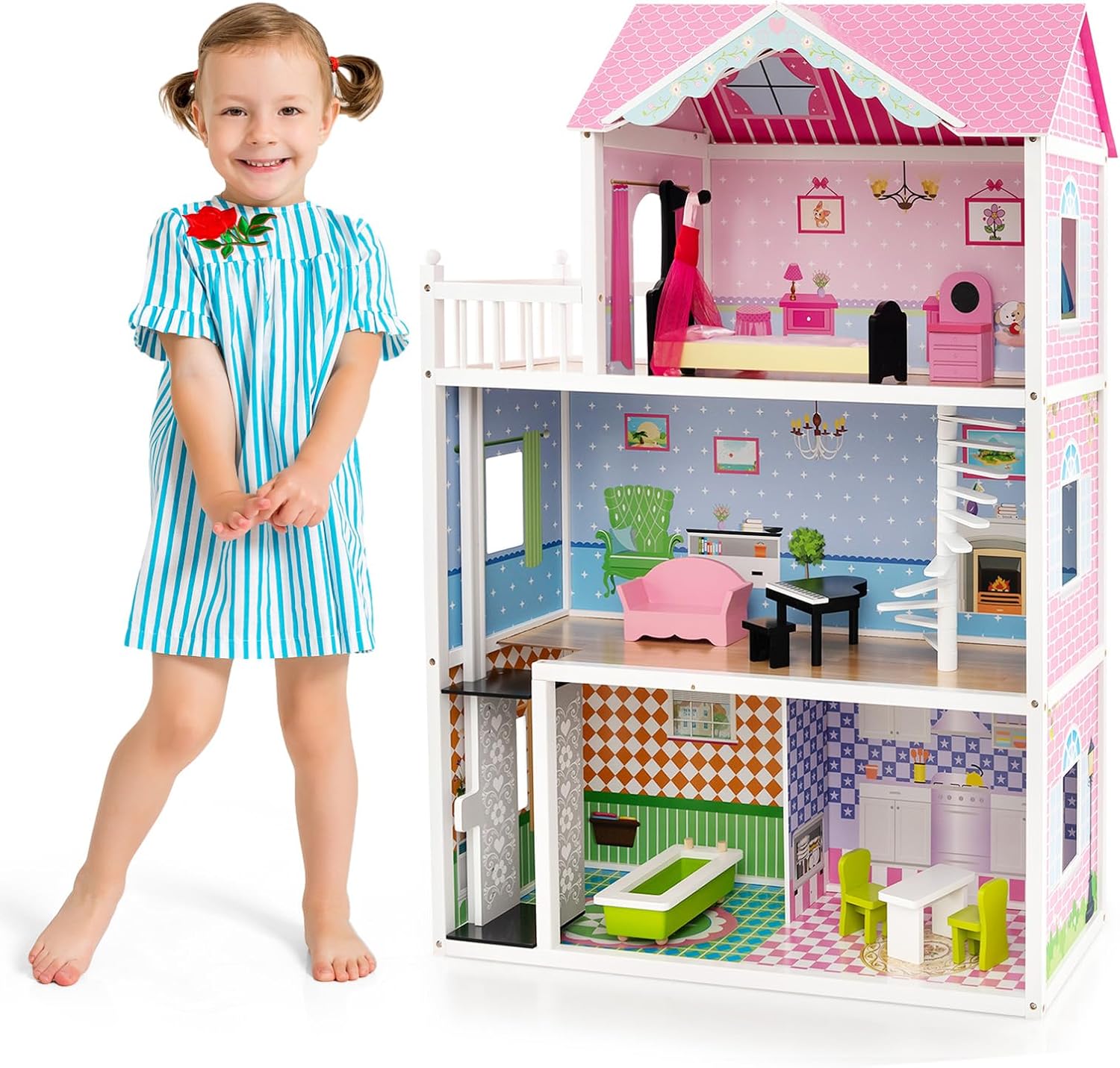 Casa delle Bambole in Legno, con Ascensore Funzionante, Scala Girevole, Stanze Simulate e Ricchi Accessori di Arredamento, Regalo per Bambini di 3+ Anni