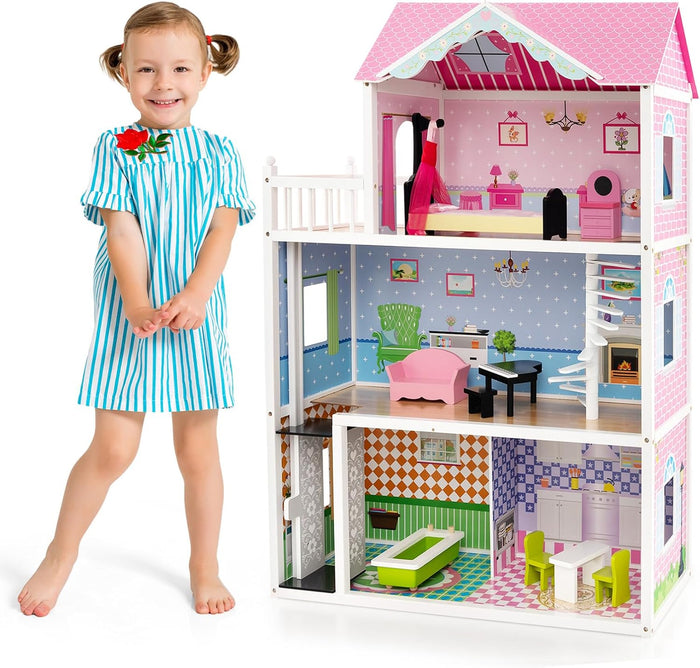 Casa delle Bambole in Legno, con Ascensore Funzionante, Scala Girevole, Stanze Simulate e Ricchi Accessori di Arredamento, Regalo per Bambini di 3+ Anni