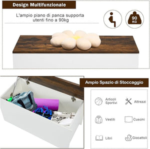 Cassapanca Porta Giochi per Bambini, Scatola di Giocattoli in Legno 2 in 1 con Coperchio, Cassapanca Contenitore da Cameretta Soggiorno Ingresso, 90x45x45,5 cm