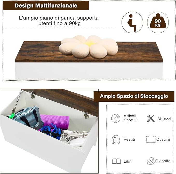 Cassapanca Porta Giochi per Bambini, Scatola di Giocattoli in Legno 2 in 1 con Coperchio, Cassapanca Contenitore da Cameretta Soggiorno Ingresso, 90x45x45,5 cm