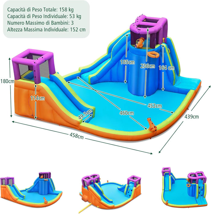Castello Gonfiabile per Bambini con 2 Torre e Cannoni d’Acqua, Castello Gonfiabile con 2 Scivoli, Muro di Arrampicata e Canestro, Parco Acquatico per Bambini da 3+ Anni