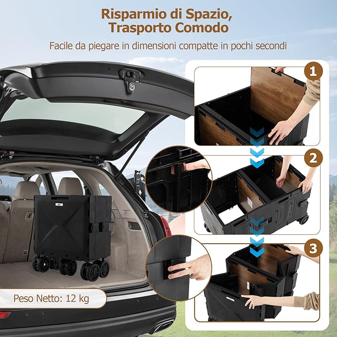 Carrello da Spiaggia Pieghevole 150 L, Carrello con Ruote Portatutto con Armadio a 2 Livelli e Manico Telescopico in Metallo, Carretto Giardino Portatile per Campeggio, Portata 120 kg (Nero)