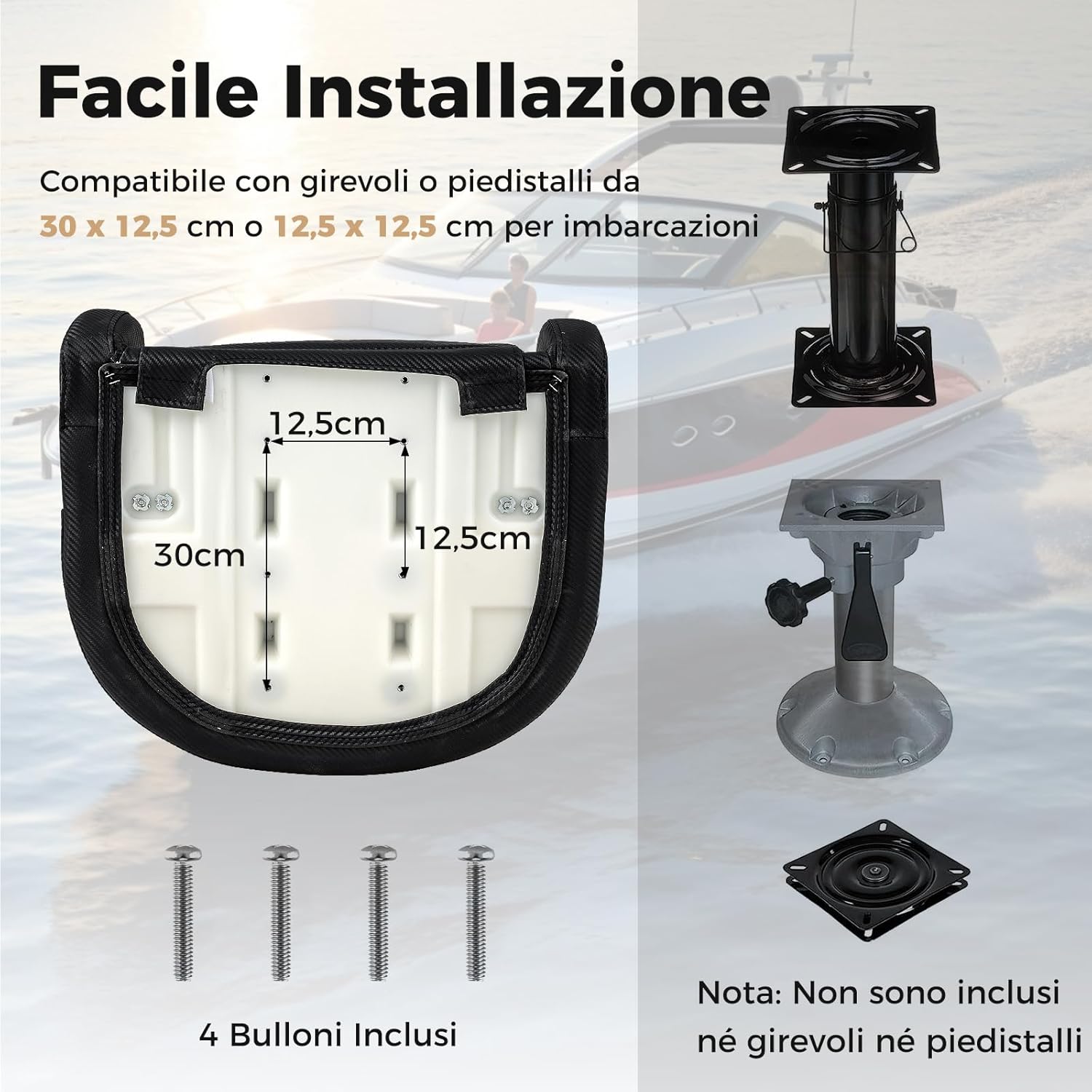 Sedia per Barca, Sedile da Barca con Supporto per Schienale e Cuscino, Rivestimento in Pelle PVC Impermeabile, Schienale Alto 53 cm, Seduta da Barca da Pesca e Escursioni