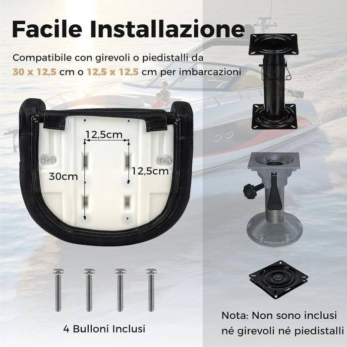 Sedia per Barca, Sedile da Barca con Supporto per Schienale e Cuscino, Rivestimento in Pelle PVC Impermeabile, Schienale Alto 53 cm, Seduta da Barca da Pesca e Escursioni
