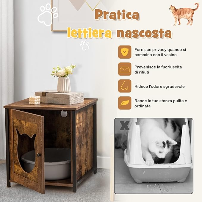 Mobile per Lettiera Gatti in Legno, Casetta con Ingresso a Forma di Gatto, Telaio in Metallo, Mobiletto Multiuso per Ingresso e Soggiorno, Adatto a Gatti Piccoli e Grandi
