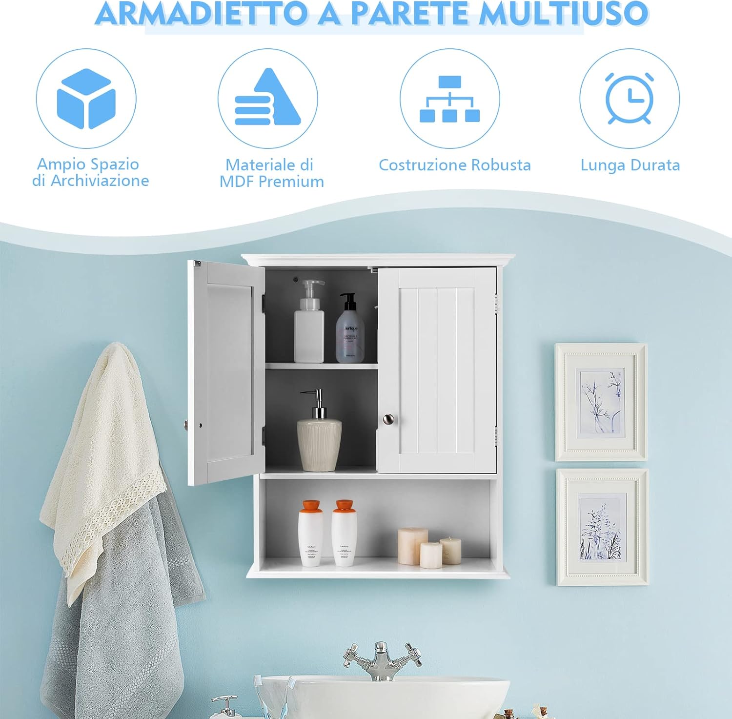 Mobile da Bagno a Parete, Armadietto Bagno in Legno con Ante e Ripiani, Mobile Multiuso per Bagno, Cucina, Camera da Letto, 60 cm x 19 cm x 71 cm, Bianco